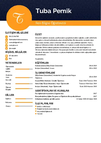 Fen Bilgisi Öğretmeni CV Örnekleri cv indir
